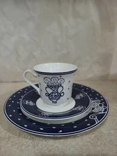 Hankook Tea Cup Saucer & Small Plate #0878 Venice Fine Bone China Blue & White 