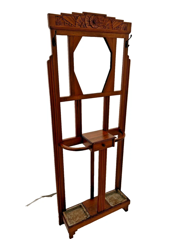 Raro árbol de pasillo Art Deco, espejo, agujero de gusano arce, cajón paraguas soporte sombrero estante Foto 2 de 4