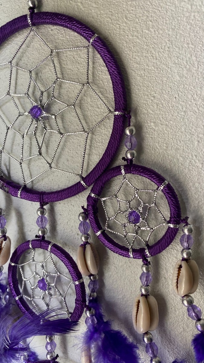 Purple Dream Catcher Handmade w/ Leather & Feather Car Wall