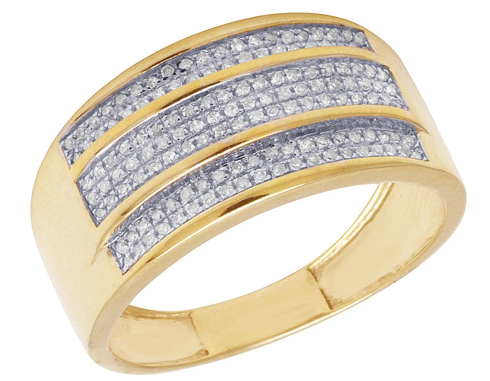 10K Yellow Gold Men’s 3 Row Pave Real Diamond 11mm Ring Band 0.3 CT