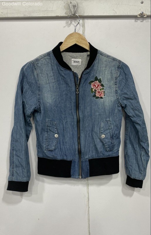 Hudson Girls Blue Black Embroidered Rose Full-Zip Bomber Jacket Size Large