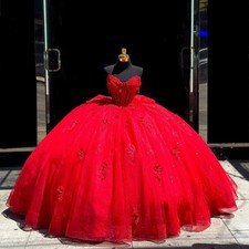Red Quinceanera Dresses Lace Applique Beqaded Bow Corset Prom Ball Gown Sweet 16