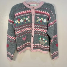 The Eagles Eye VTG 100% Wool Hearts Bows Flowers Baskets Novelty Pink Gray M