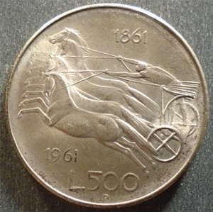 Italy - Commemorative, Silver 500 Lire, 1961R, toned