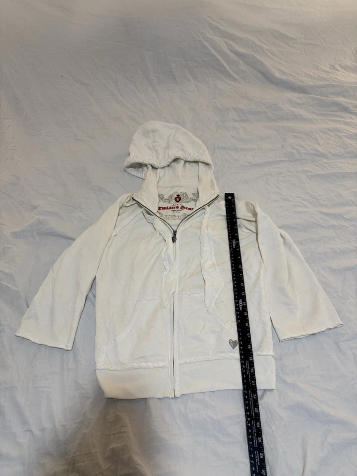 Twisted Heart Hoodie Womens White Velour  Sequin Trim Heart Zipper Medium 169 - Image 3 of 4
