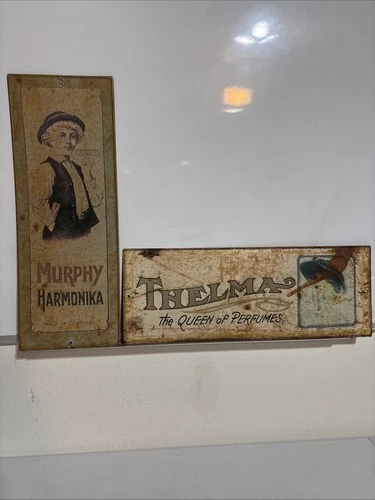 Vintage Metal Tin Advertising Sign Murphy Harmonika + Thelma Queen Perfumes 1974