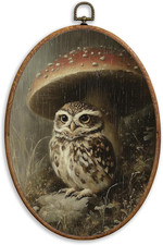 Dark Academia Whimsical Owl Mushroom Wall Art Decor, Vintage Moody Bird Oval Wal