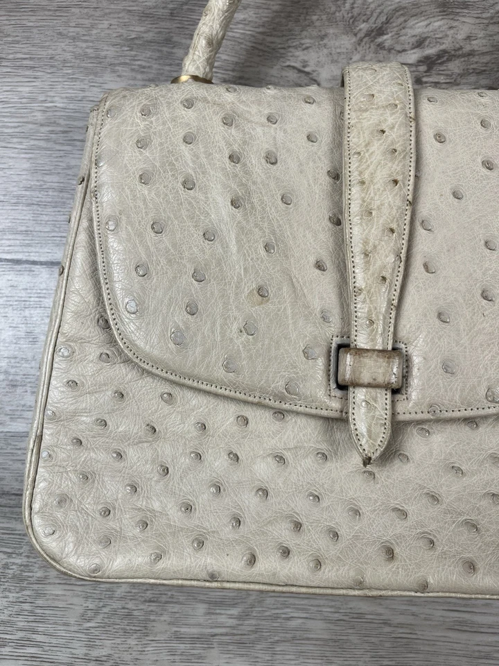 Vintage Lucille de Paris Leather Handbag Purse Rare Ostrich Leather Cream - Image 2 of 4