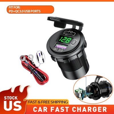 Car Fast Charger Power Socket Outlet LED Voltmeter PD + QC3.0 USB For Cell Phone