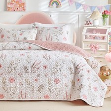 3 Pieces Cotton Quilt Set for Girls, Queen Size Pink Floral Design, Cozy Ligh...