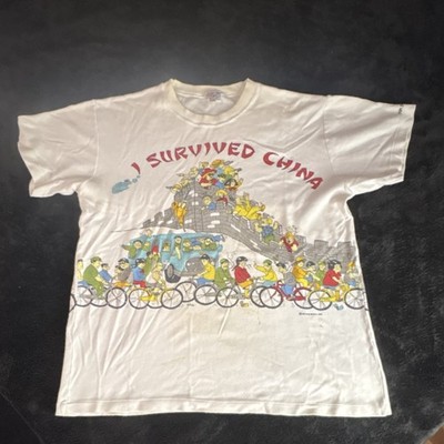 Dim Sum Shirts 1980s I Survived China Graphic Short Sleeve White Tee Size L