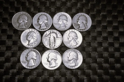 Lot of 10 90% Silver Quarter Coins 9 Washington 1 Standing Liberty AG-F/VF PDS *