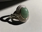 Vintage Sterling Silver Rope Design Green Jadeite Cabochon Ring - Size 7