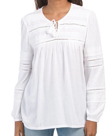 Lucky Brand new women's white Mixed Media With Lace Blouse top long sleeve Size
