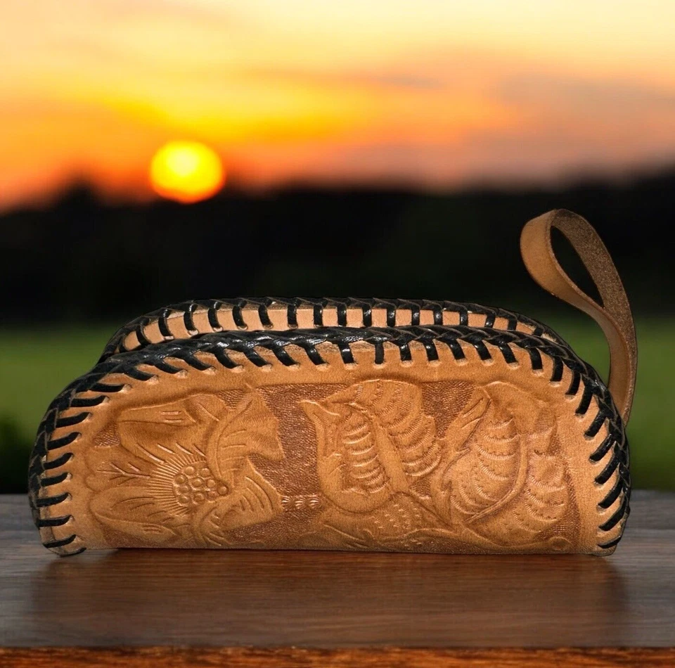 Estuche para gafas pequeño de cuero para herramientas billetera cremallera única vintage Foto 3 de 4