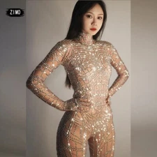 Glitter Rhinestones Nude Gloves Jumpsuit   Dance Bodysuit Party Singer Stage