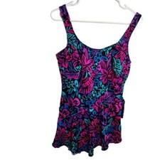 Vintage Maxine of Hollywood Women  s One Piece Swimsuit Black Pink Neon Floral