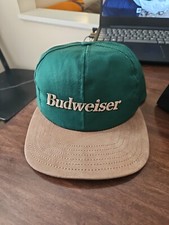 Vintage 1990's Budweiser Green Hat Tan Leather Bill Snapback Embroidered Clean