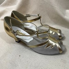 Coast Gold Lame Peep Toe T-Strap Snap Close Latin Dance Shoe with Sheer Mesh 7N