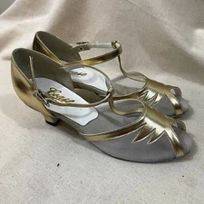 Coast Gold Lame Peep Toe T-Strap Snap Close Latin Dance Shoe with Sheer Mesh 7N