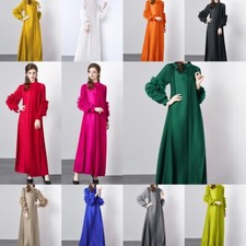 Solid Flowers Applique Mock Neck Long Sleeve Women Casual Party Pleated Dresses
