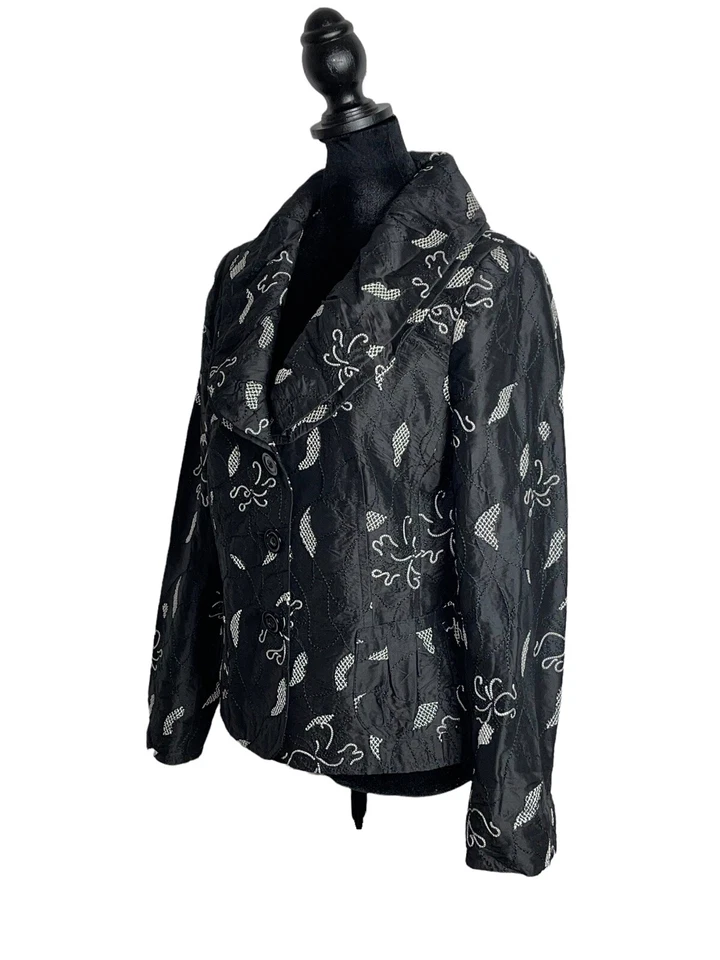 Chaqueta Blazer Basler 100% Seda Negro Blanco Abstracto Texturizado 3 Botones Forrada 38 Foto 2 de 4