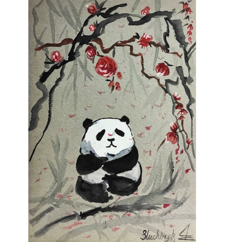 Panda Painting ACEO Watercolor Original Art Rose Painting Boho Artwork