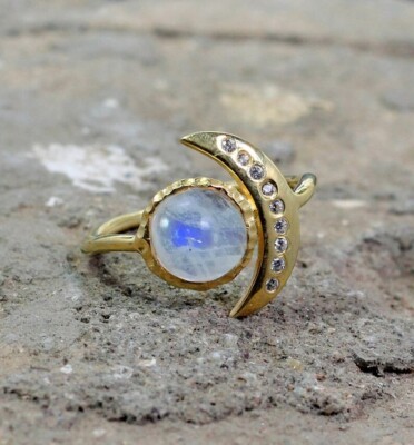 Crescent Moon Sun and Stars Ring, Moonstone 925 Sterling Jewelry14k filledgold