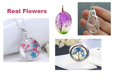 ECHTE GEPRESSTE TROCKENBLUMEN HALSKETTE SCHMUCK ANHÄNGER VERGISSMEINNICHT / PUSTEBLUME
