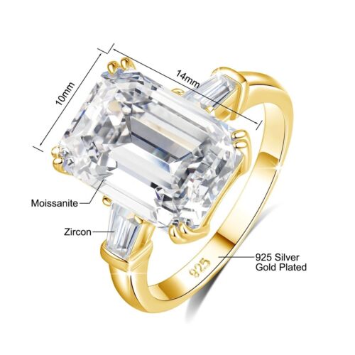 Engagement Ring 14K Gold Plated 10ct 10 Zircon Emerald Cut Clear Gemstone Large - Picture 2 of 7