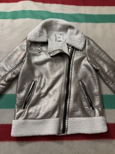 Women’s Gap Metallic Silver Gold Sherpa Biker Jacket Size Small Soft Astro Biker - Picture 7 of 21