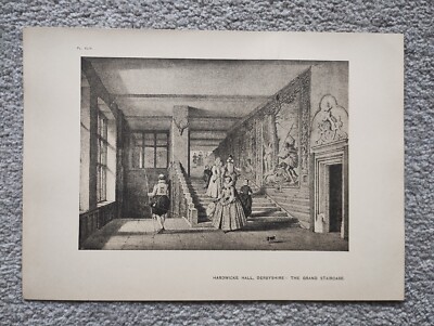 Hardwicke Hall, Derbyshire  - The Grand Staircase - Antique Print - 1906