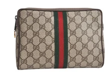 Authentic GUCCI Web Sherry Line Clutch Hand Bag GG PVC Leather Brown Junk 4535N
