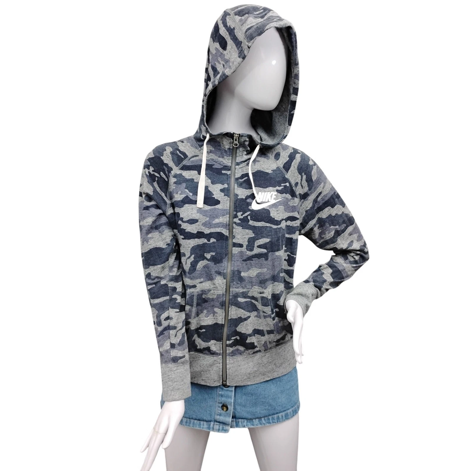 Nike Camo Hoodie Size Medium Blue and Gray Tones Full Zipper Pockets Lightweight
