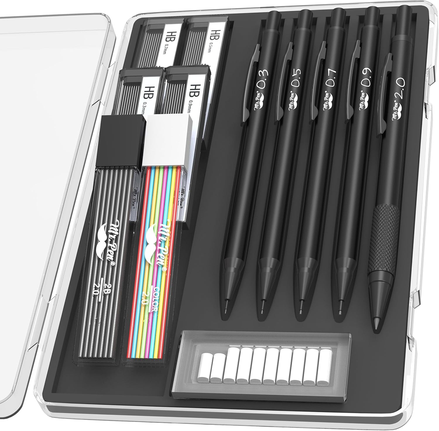 Set With Lead And Eraser Refills, 5 Sizes, Black, 0.3, 0