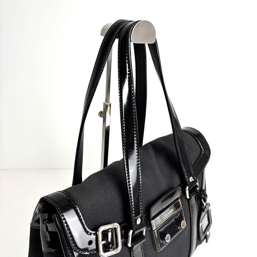 PRADA Women's Tote Bag Handbag Canvas Leather Black Noir Used Authentic thumbnail 6