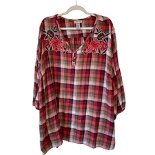 Catherines Womens 4X Embroidered Floral Plaid Tunic Top Red Olive Plaid Fall