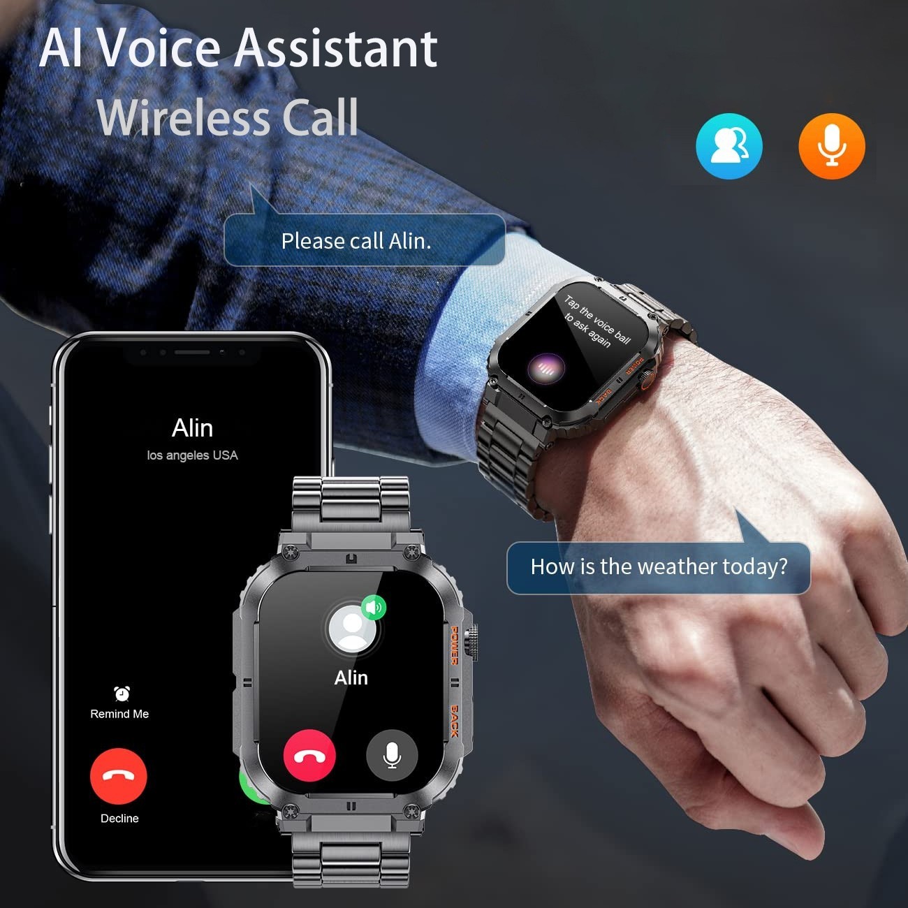 Smartwatch militare con contapassi cardiofrequenzimetro fitness chiamate per Android iPhone foto 3
