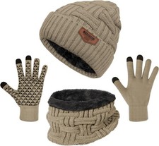 3-Pieces Winter Beanie Hat Scarf and Touch Screen W-khaki hat Gloves 
