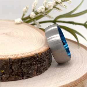 High polished Blue Tungsten 8mm Ring Silver Brushed Finish Christmas Gifts Band