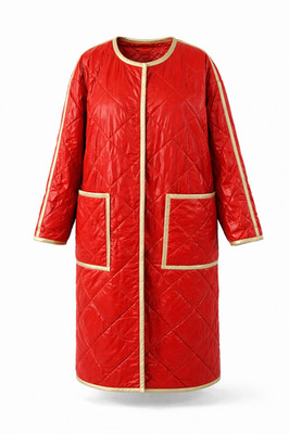 Stand Studio Mantel gesteppt rot gold Borte glänzend Lagenlook Arty Designer UK 8-10