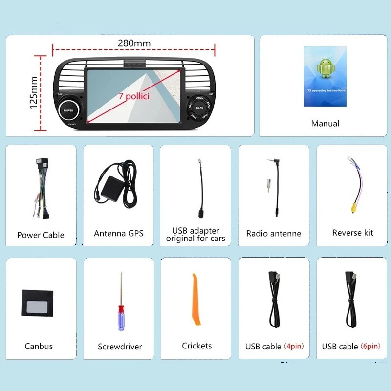 Autoradio 2 Din FIAT 500 (2007-2015) Android Auto CarPlay Wireless Bianca Nera - Immagine 4 di 4