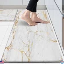 Cushioned Anti-Fatigue Kitchen Floor Mats - Set of 2 White Marble Non-Slip Foam