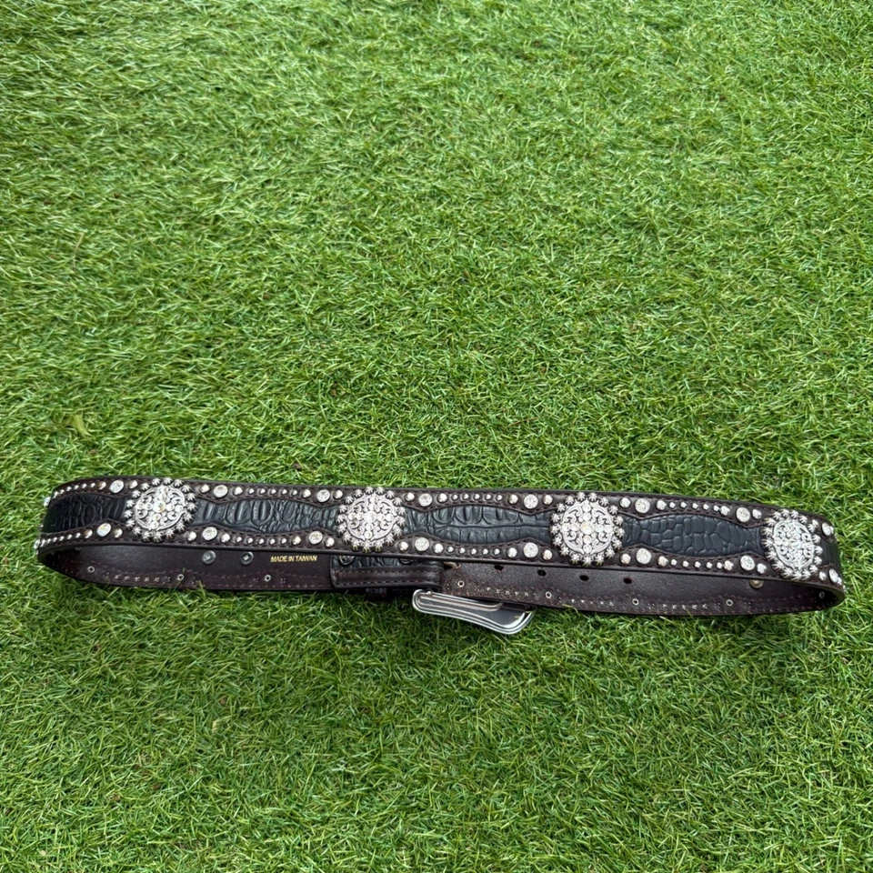 Cinturón occidental Ariat estrás marrón imitación cuero cocodrilo hebilla plateada bling rodeo Foto 4 de 4