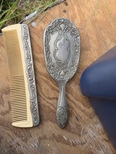 Vintage Ornate Silver Plated Vanity Hair Brush and Comb Set
