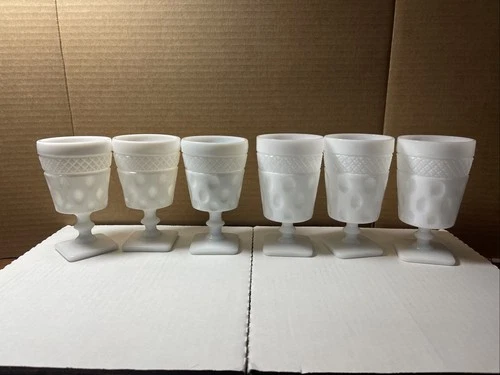 6 Vtg. Art Deco White Milk Glass Thumb Print Footed Pedestal Drink Tumblers