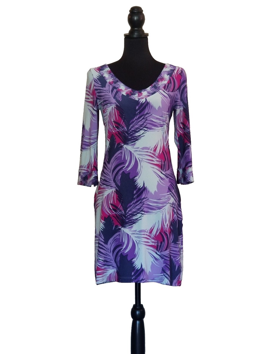 BCBG MAXAZRIA Dress Purple Blue Palm Leaf Print Dress 3/4 Sleeve V Neck  Size S