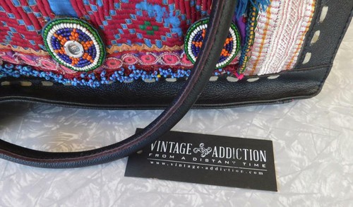 Vintage Addiction Black Leather & Vintage Fabric Laptop Tote Bag NWT OOAK New - Picture 5 of 10