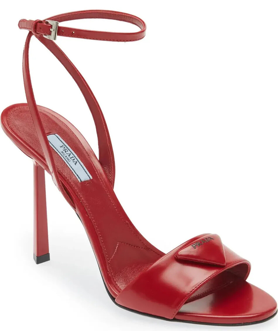 う*り様 PRADA Red Black Leather Strap ankle PRADA Women's Triangle Logo 110mm Heeled Leather Sandals Red 40