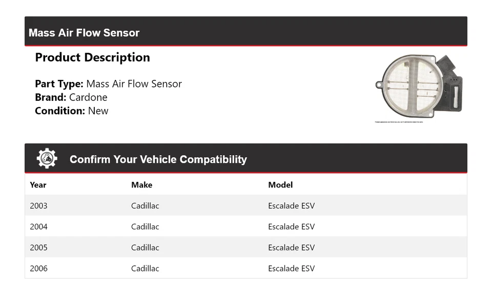 Sensor de fluxo de ar em massa Cardone 2004 2005 Cadillac Escalade ESV 2003-2006 - Imagem 2 de 4